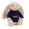 Jellycat Bashful Beige Bunny with Personalised Navy Jumper