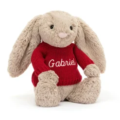 Jellycat Bashful Beige Bunny with Personalised Red Jumper