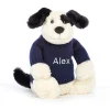 Jellycat Bashful Black & Cream Puppy with Personalised Navy Jumper