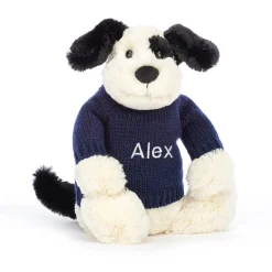 Jellycat Bashful Black & Cream Puppy with Personalised Navy Jumper