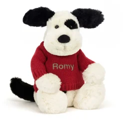 Jellycat Bashful Black & Cream Puppy with Personalised Red Jumper
