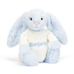Jellycat Bashful Blue Bunny with Personalised Cream Jumper