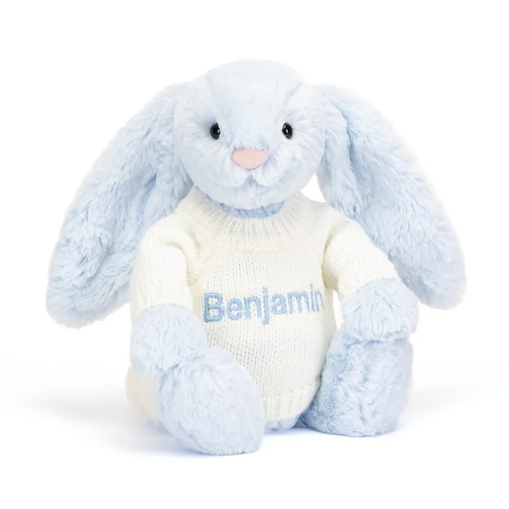 Jellycat Bashful Blue Bunny with Personalised Cream Jumper