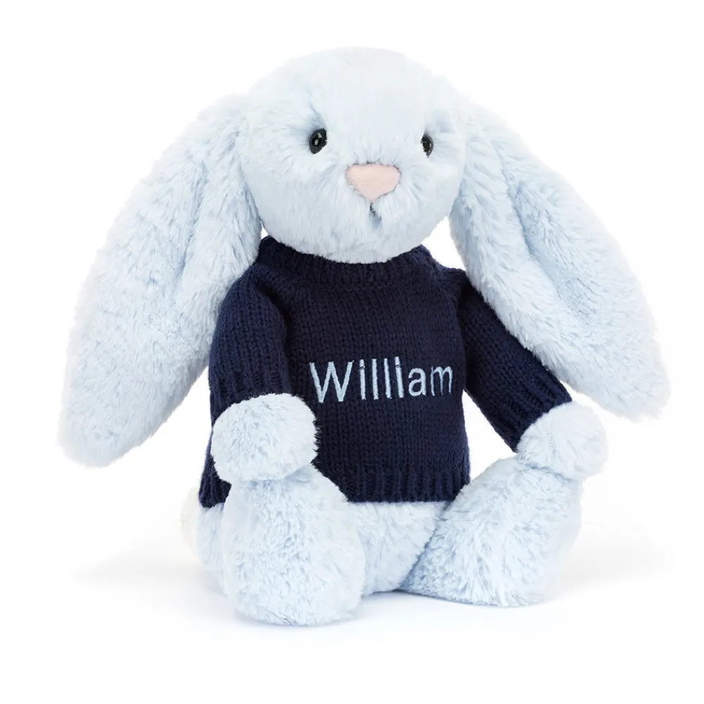 Jellycat Bashful Blue Bunny with Personalised Navy Jumper