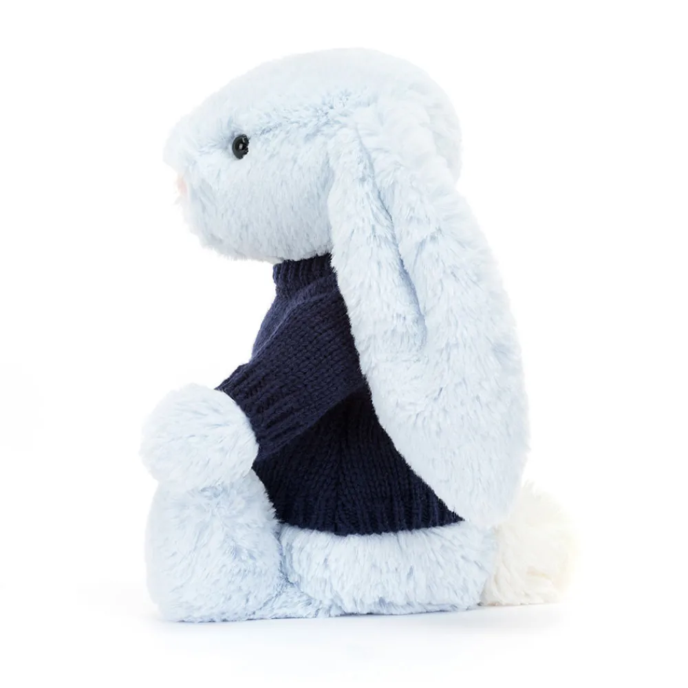Jellycat Bashful Blue Bunny with Personalised Navy Jumper