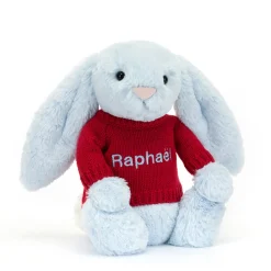 Jellycat Bashful Blue Bunny with Personalised Red Jumper