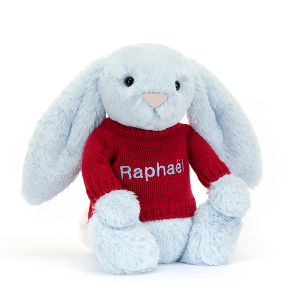 Jellycat Bashful Blue Bunny with Personalised Red Jumper