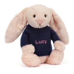 Jellycat Bashful Blush Bunny with Personalised Navy Jumper