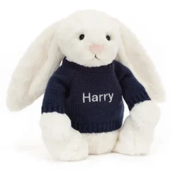 Jellycat Bashful Cream Bunny with Personalised Navy Jumper