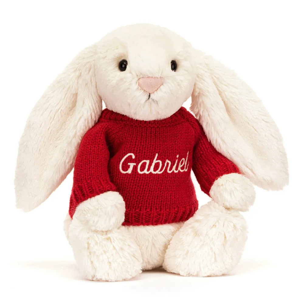 Jellycat Bashful Cream Bunny with Personalised Red Jumper
