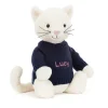 Jellycat Bashful Cream Kitten with Personalised Navy Jumper