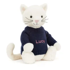 Jellycat Bashful Cream Kitten with Personalised Navy Jumper