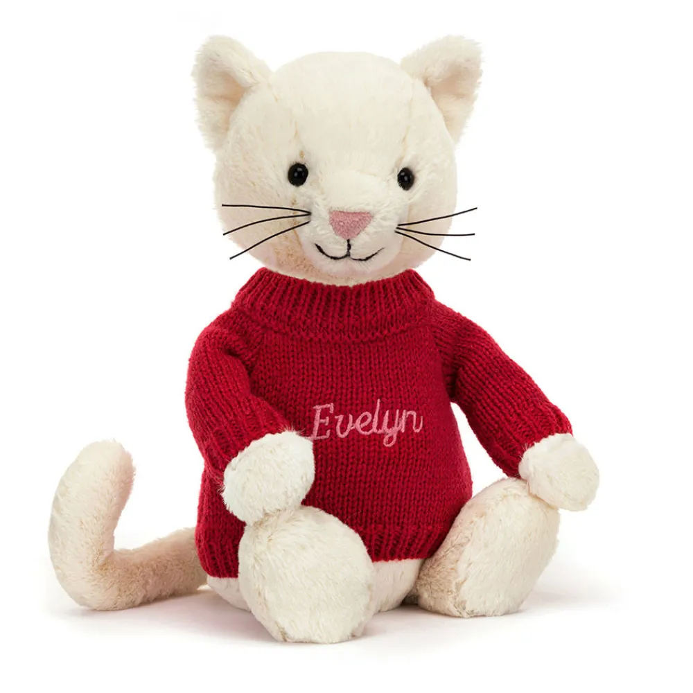 Jellycat Bashful Cream Kitten with Personalised Red Jumper