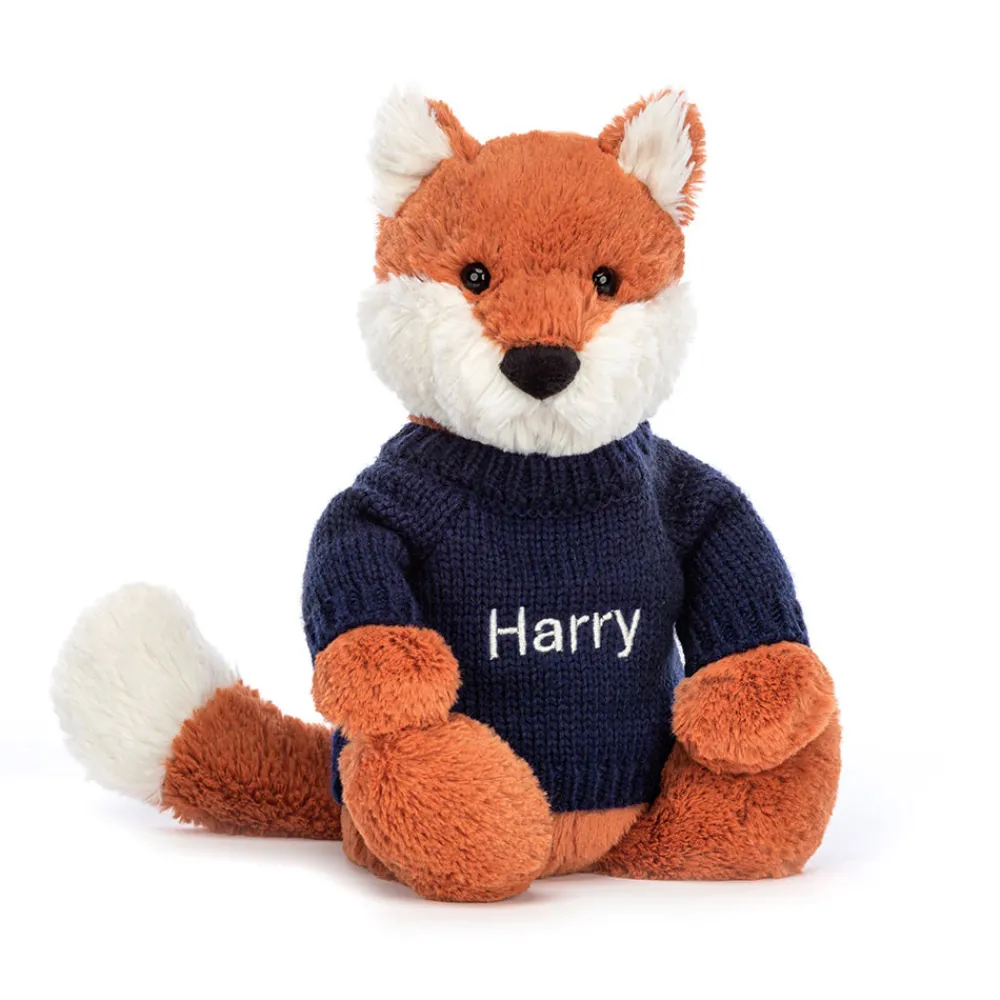 Jellycat Bashful Fox Cub with Personalised Navy Jumper