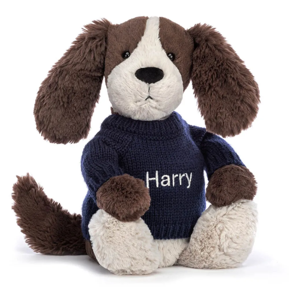 Jellycat Bashful Fudge Puppy with Personalised Navy Jumper