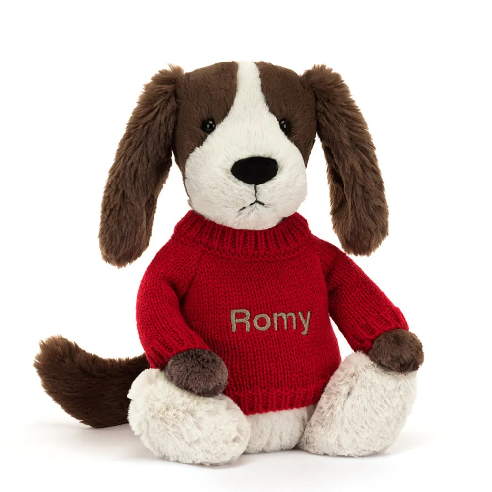 Jellycat Bashful Fudge Puppy with Personalised Red Jumper