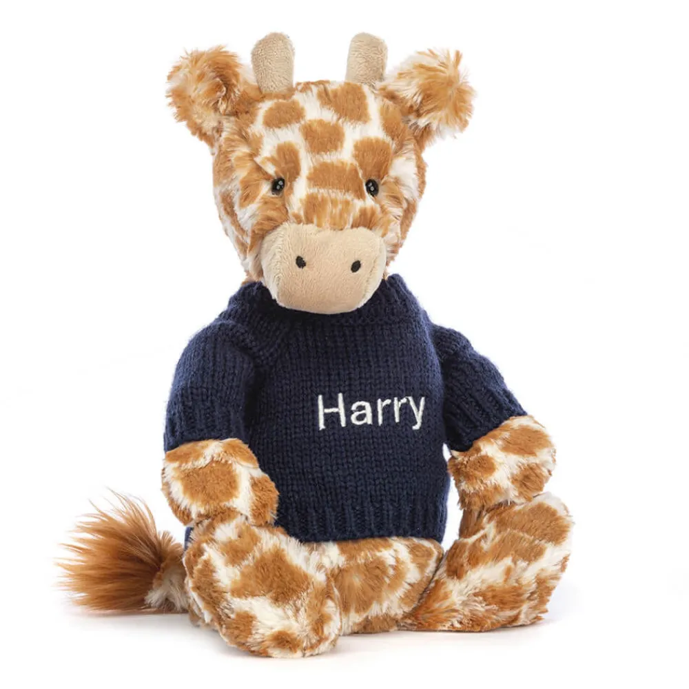 Jellycat Bashful Giraffe with Personalised Navy Jumper