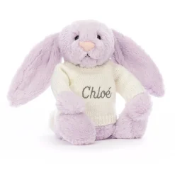 Jellycat Bashful Lilac Bunny with Personalised Cream Jumper