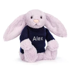 Jellycat Bashful Lilac Bunny with Personalised Navy Jumper