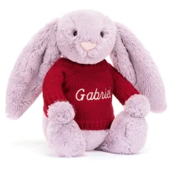Jellycat Bashful Lilac Bunny with Personalised Red Jumper