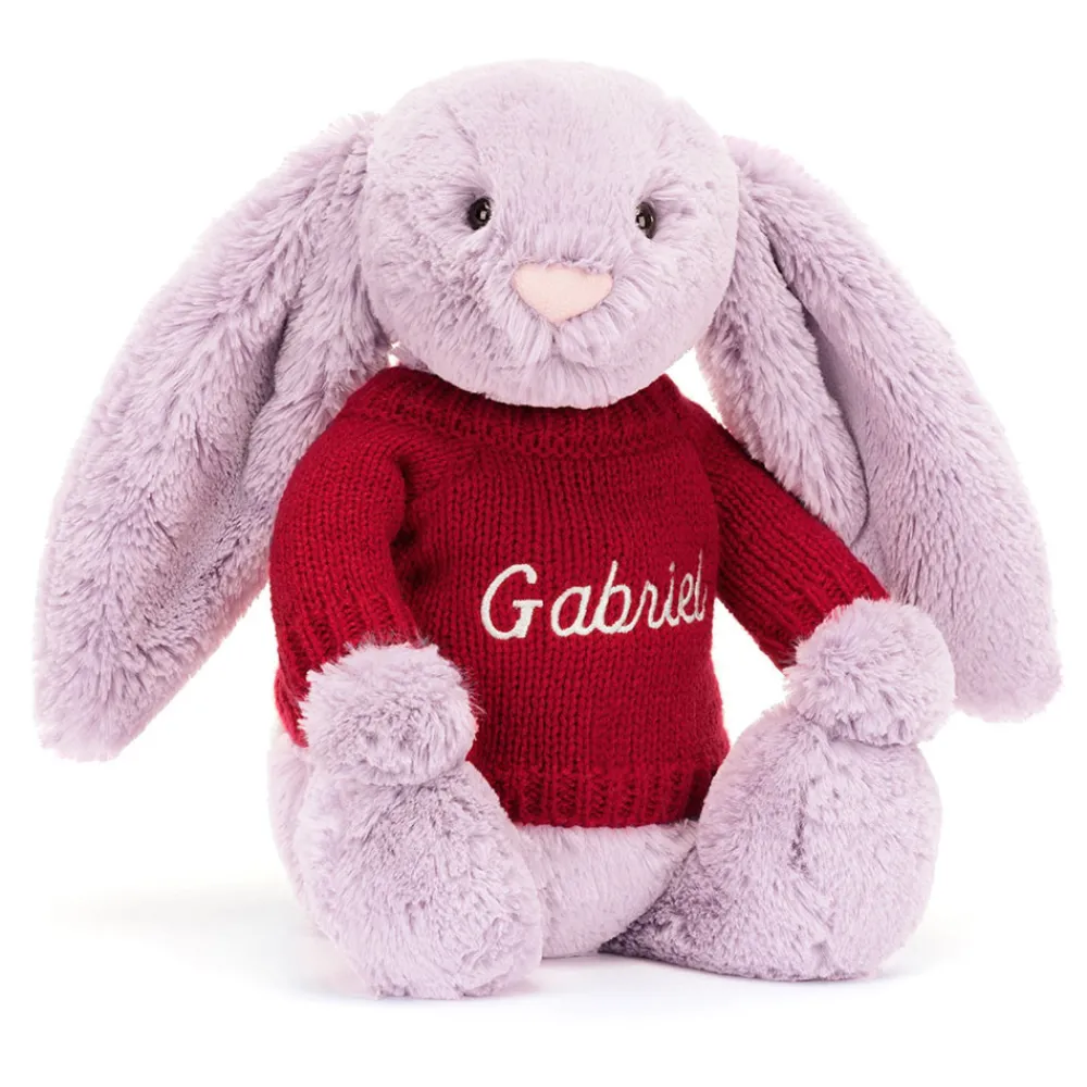 Jellycat Bashful Lilac Bunny with Personalised Red Jumper