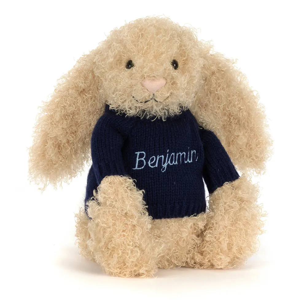 Jellycat Bashful Luxe Bunny Curly with Personalised Navy Jumper