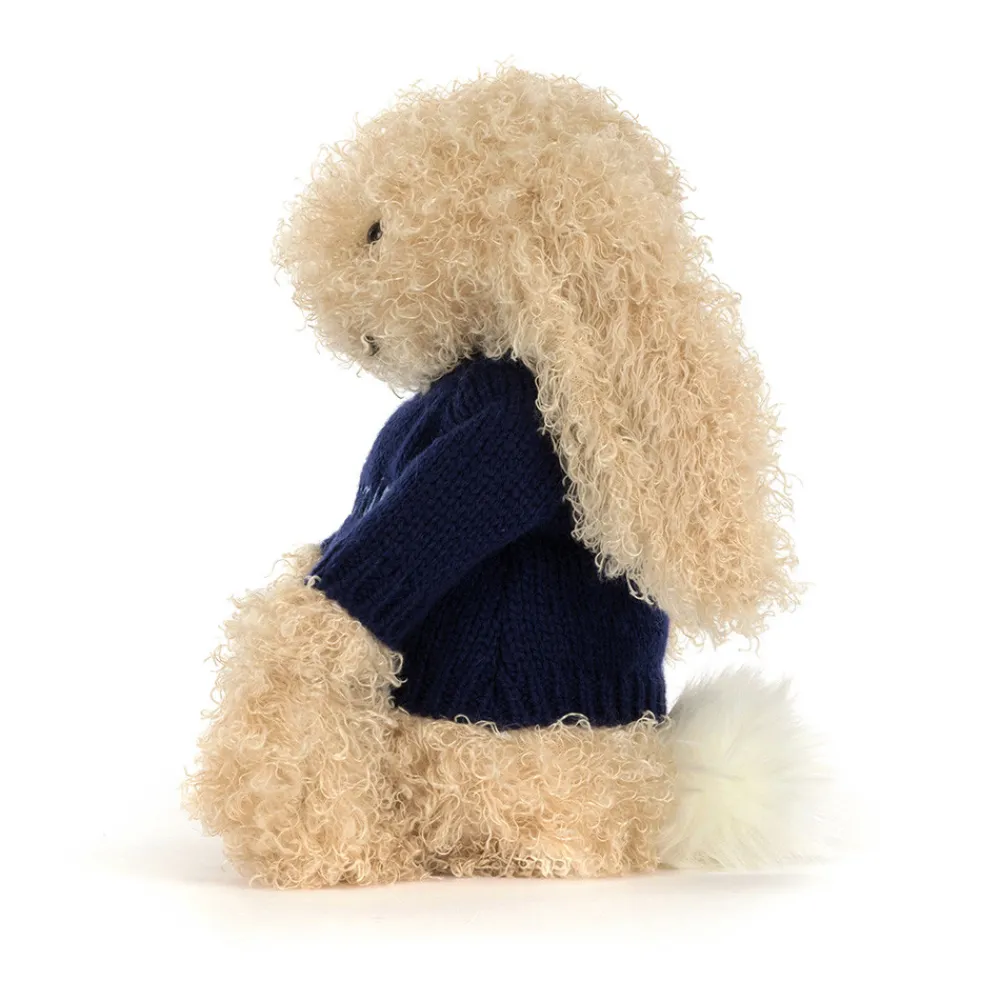 Jellycat Bashful Luxe Bunny Curly with Personalised Navy Jumper