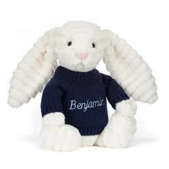 Jellycat Bashful Luxe Bunny Nimbus with Personalised Navy Jumper
