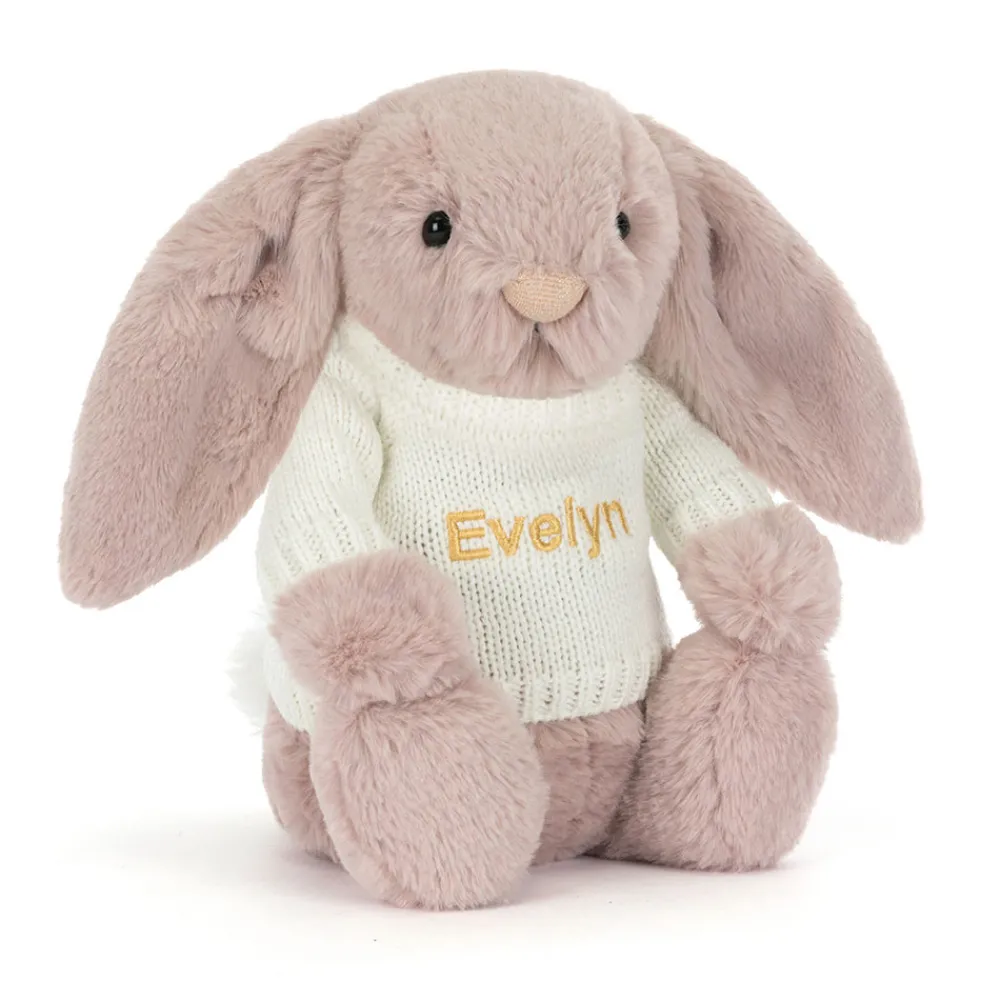 Jellycat Bashful Luxe Bunny Rosa with Personalised Cream Jumper