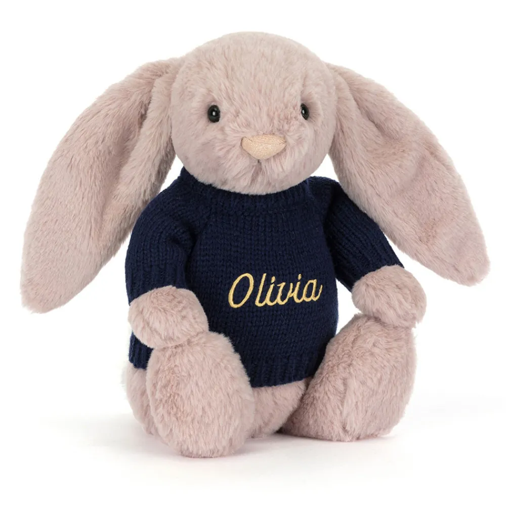 Jellycat Bashful Luxe Bunny Rosa with Personalised Navy Jumper