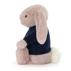 Jellycat Bashful Luxe Bunny Rosa with Personalised Navy Jumper