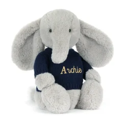 Jellycat Bashful Luxe Elephant Thuddeus with Personalised Navy Jumper