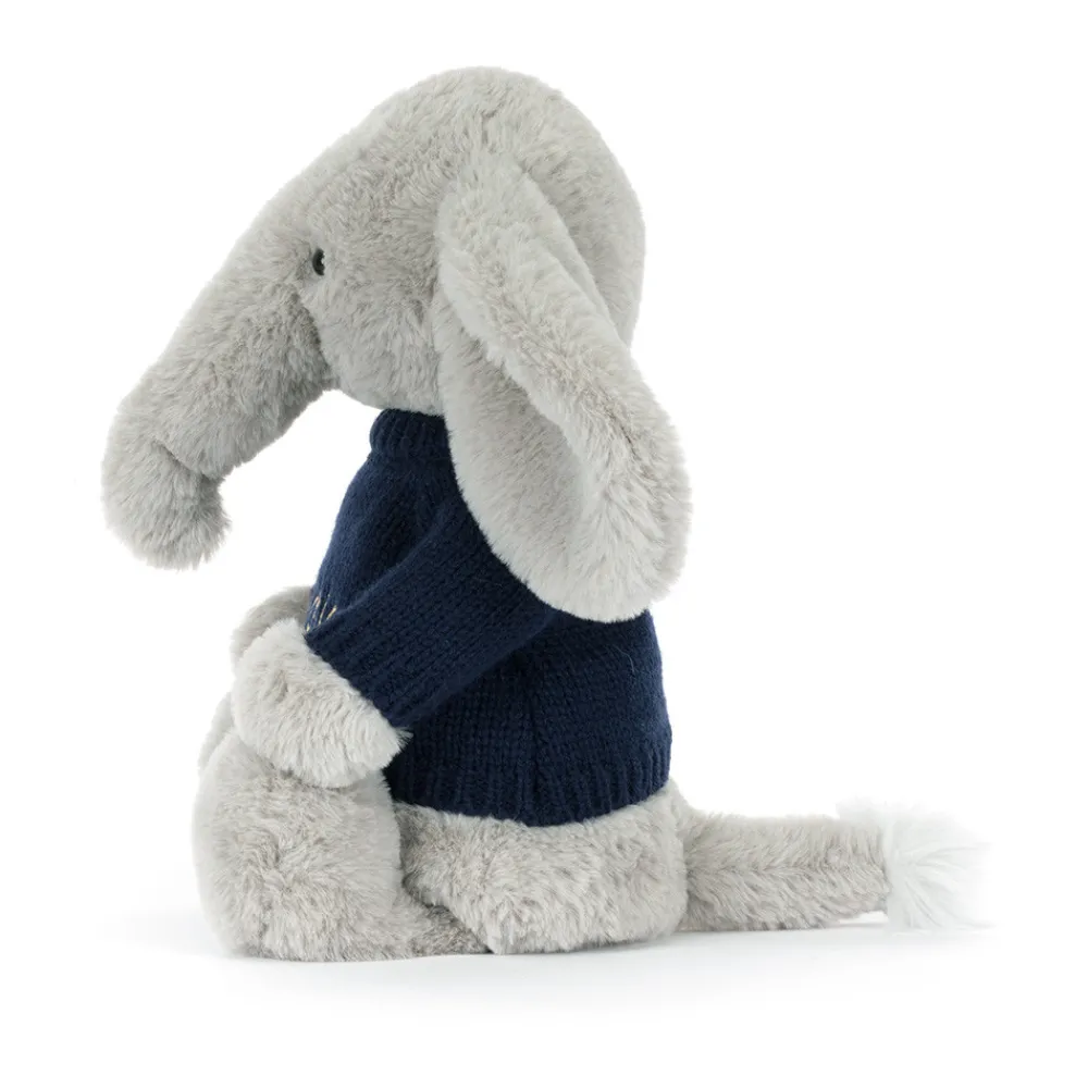 Jellycat Bashful Luxe Elephant Thuddeus with Personalised Navy Jumper