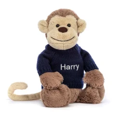 Jellycat Bashful Monkey with Personalised Navy Jumper