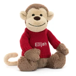 Jellycat Bashful Monkey with Personalised Red Jumper