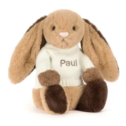 Jellycat Bashful Patchwork Brown Bunny with Personalised Cream Jumper