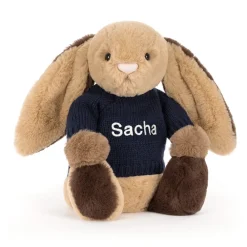 Jellycat Bashful Patchwork Brown Bunny with Personalised Navy Jumper
