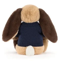Jellycat Bashful Patchwork Brown Bunny with Personalised Navy Jumper