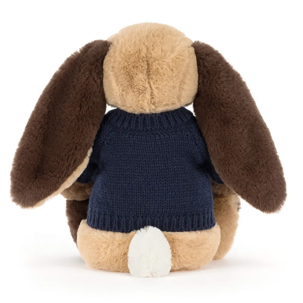 Jellycat Bashful Patchwork Brown Bunny with Personalised Navy Jumper