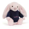 Jellycat Bashful Pink Bunny with Personalised Navy Jumper