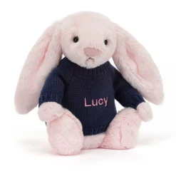 Jellycat Bashful Pink Bunny with Personalised Navy Jumper