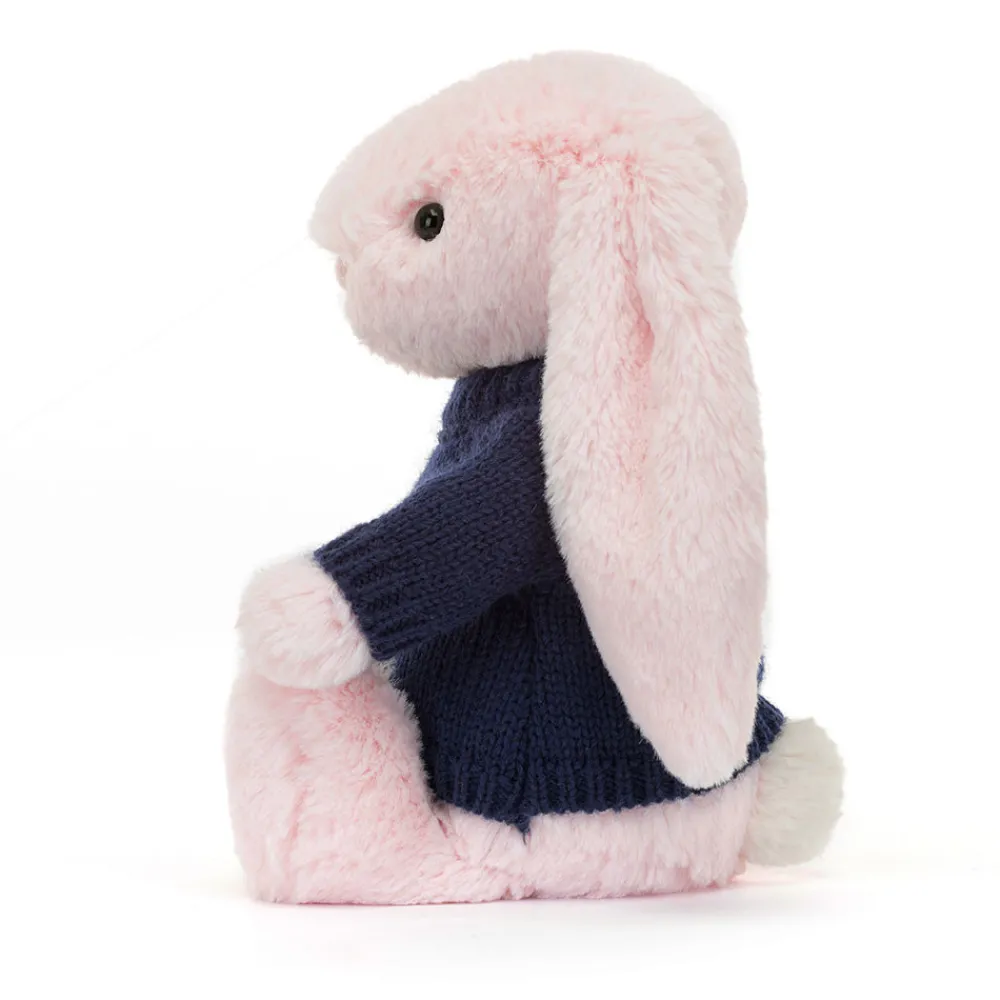 Jellycat Bashful Pink Bunny with Personalised Navy Jumper