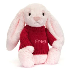 Jellycat Bashful Pink Bunny with Personalised Red Jumper