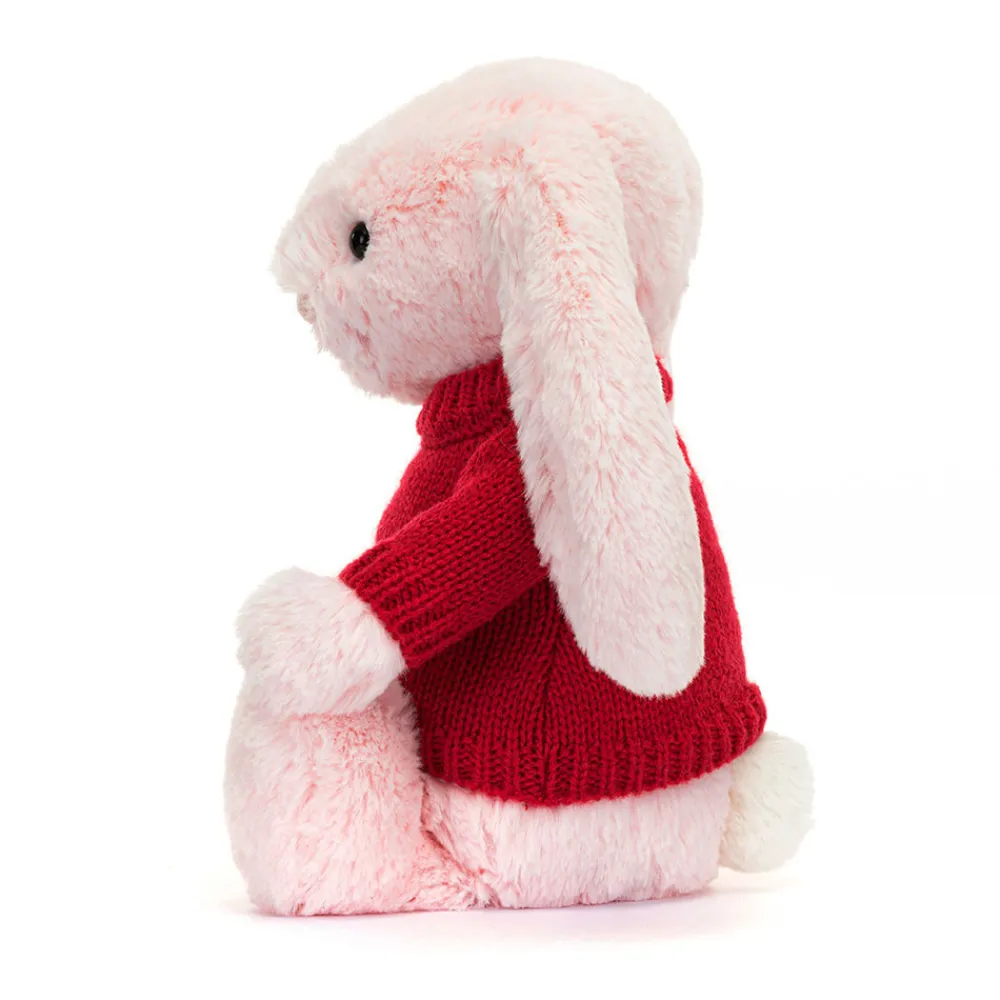 Jellycat Bashful Pink Bunny with Personalised Red Jumper