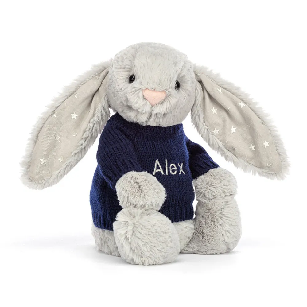 Jellycat Bashful Shimmer Bunny with Personalised Navy Jumper