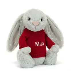 Jellycat Bashful Shimmer Bunny with Personalised Red Jumper