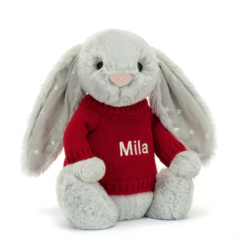 Jellycat Bashful Shimmer Bunny with Personalised Red Jumper