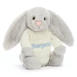 Jellycat Bashful Silver Bunny with Personalised Cream Jumper