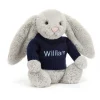 Jellycat Bashful Silver Bunny with Personalised Navy Jumper