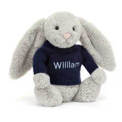 Jellycat Bashful Silver Bunny with Personalised Navy Jumper